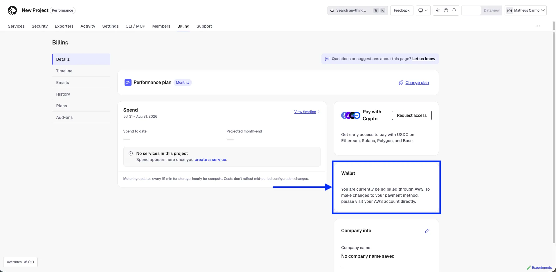The Billing page in Tiger Console, with the Wallet panel showing that the project is billed through AWS