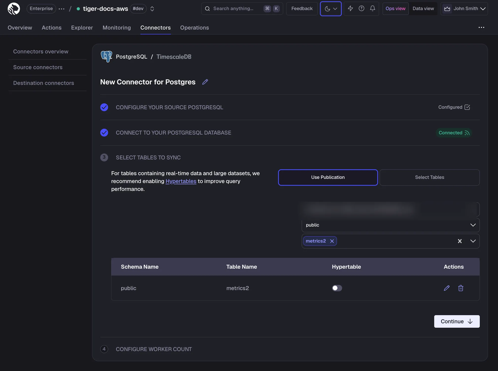 Starting the PostgreSQL connector in Tiger Console
