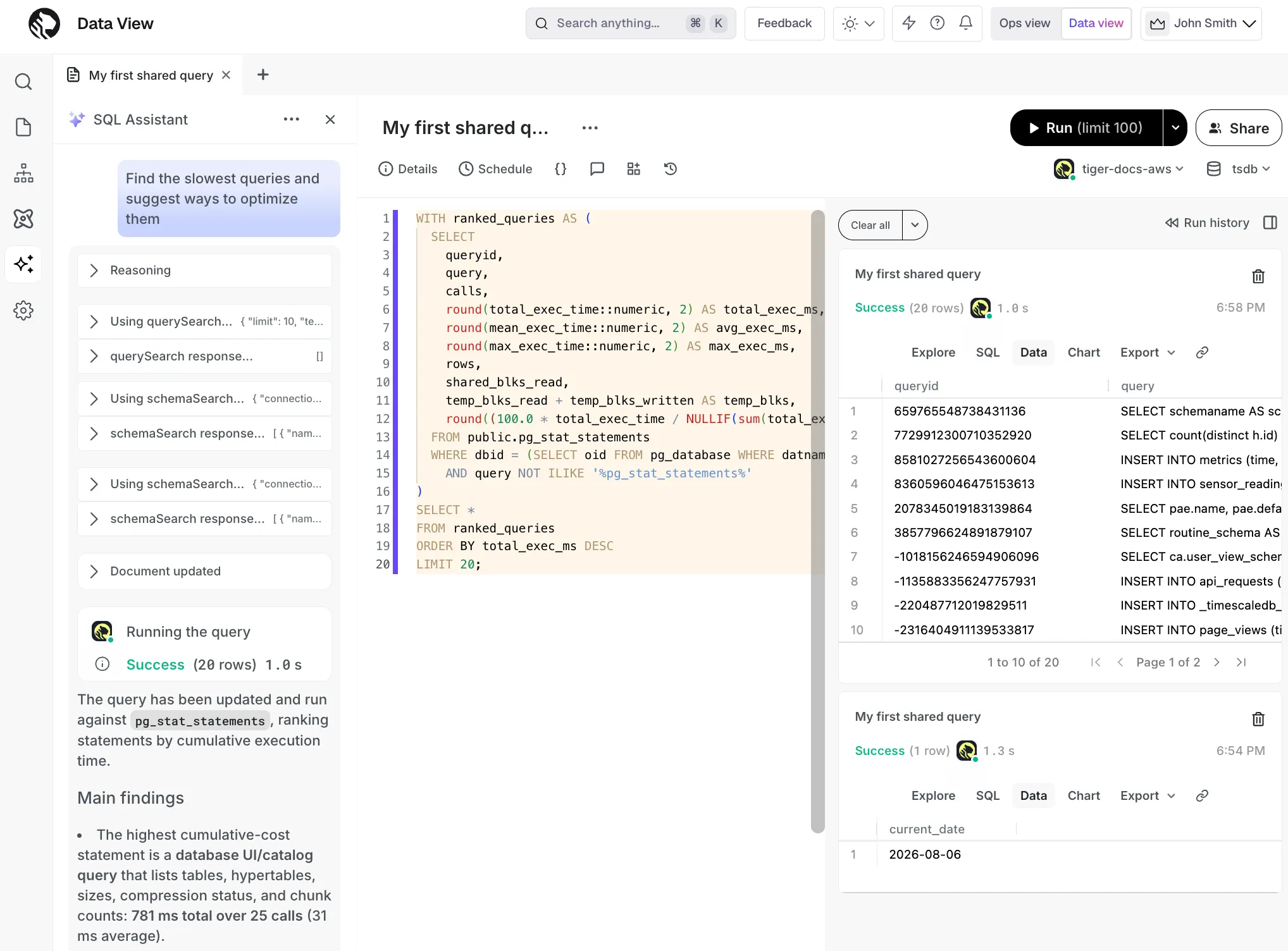 Tiger Cloud SQL assistant generating a query